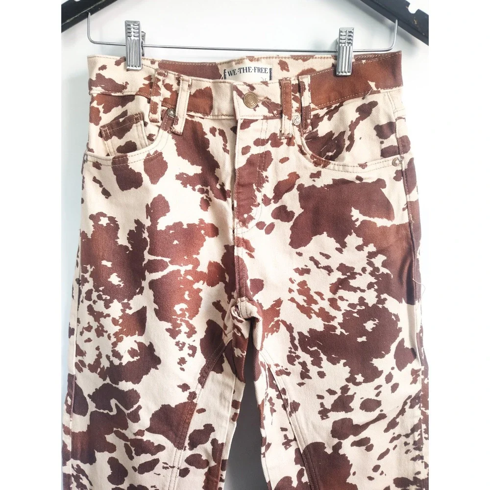 New Free People x Revolve Jeans 26 Risk Taker Cow Print Brown High Rise Straight